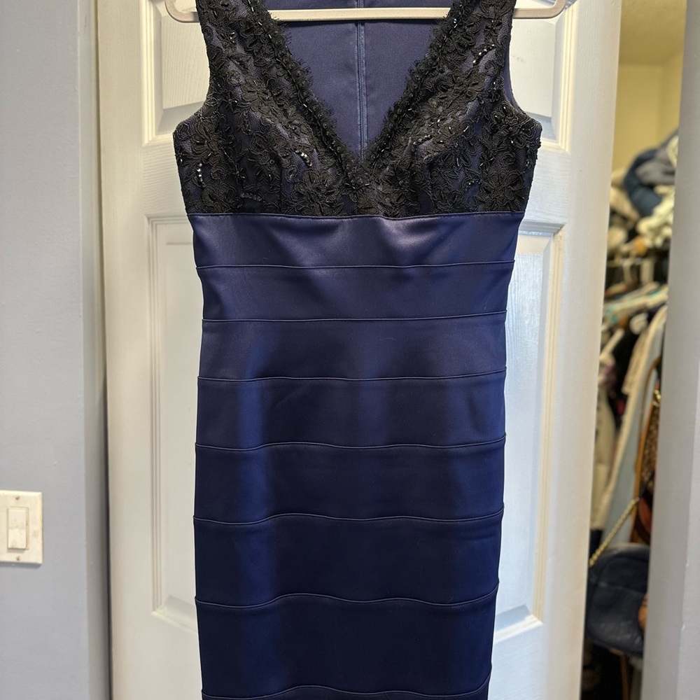 Eliza J Blue and Black Tiered Embellished Midi Dress